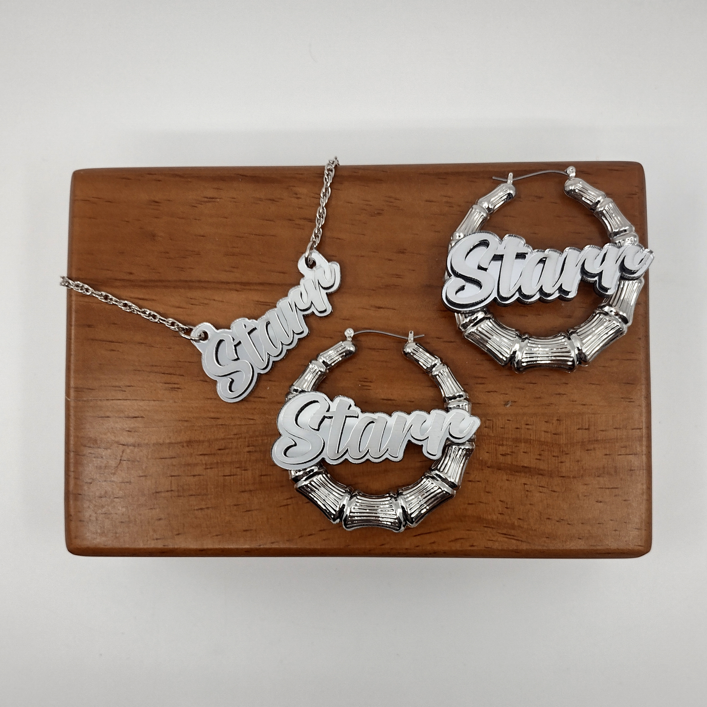 Custom Silver Hoop Earrings and a Name Necklace, Personalized Name and Background Color, Hand-made Jewelry Set