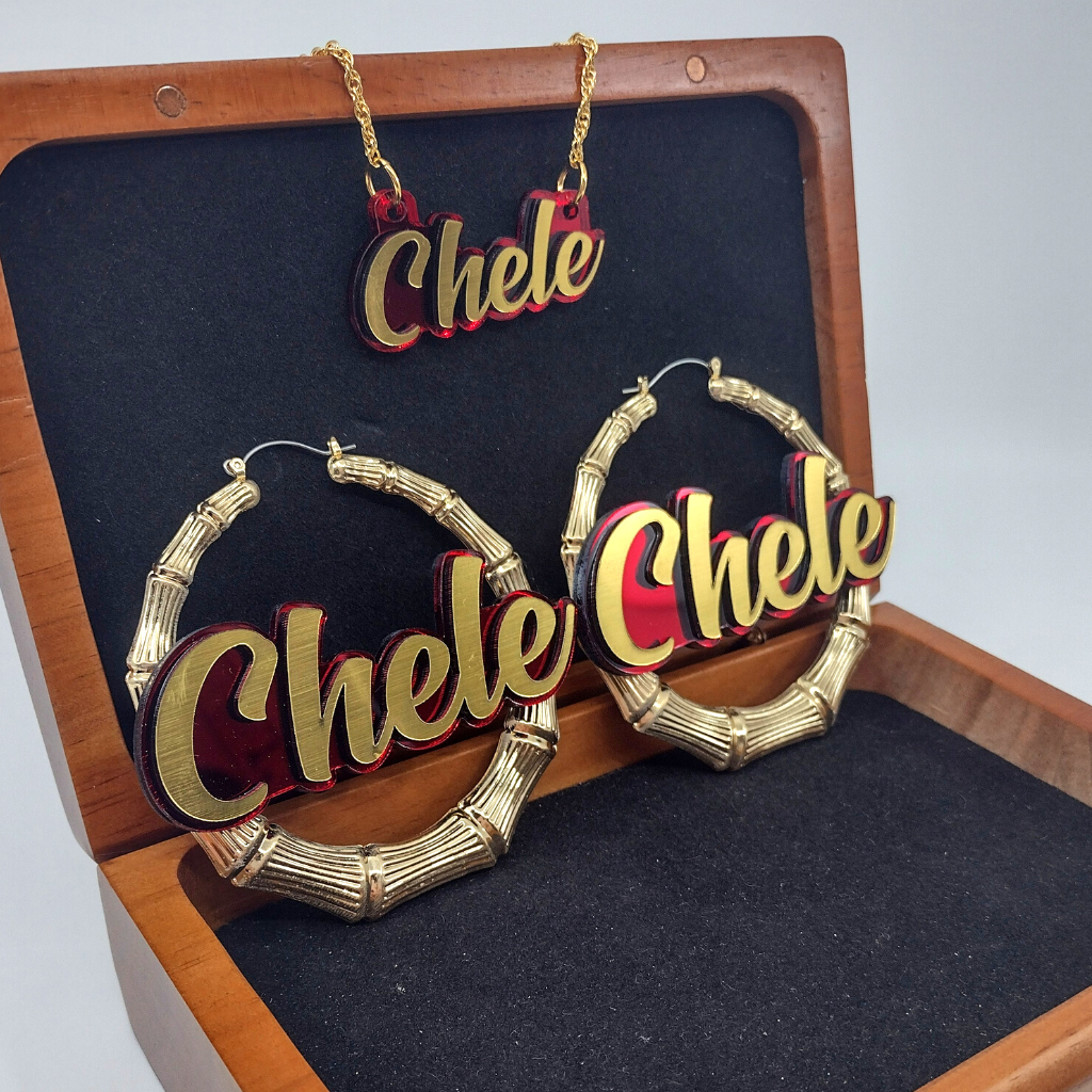 Custom Gold Hoop Earrings and a Name Necklace, Personalized Name and Background Color, Hand-made Jewelry Set