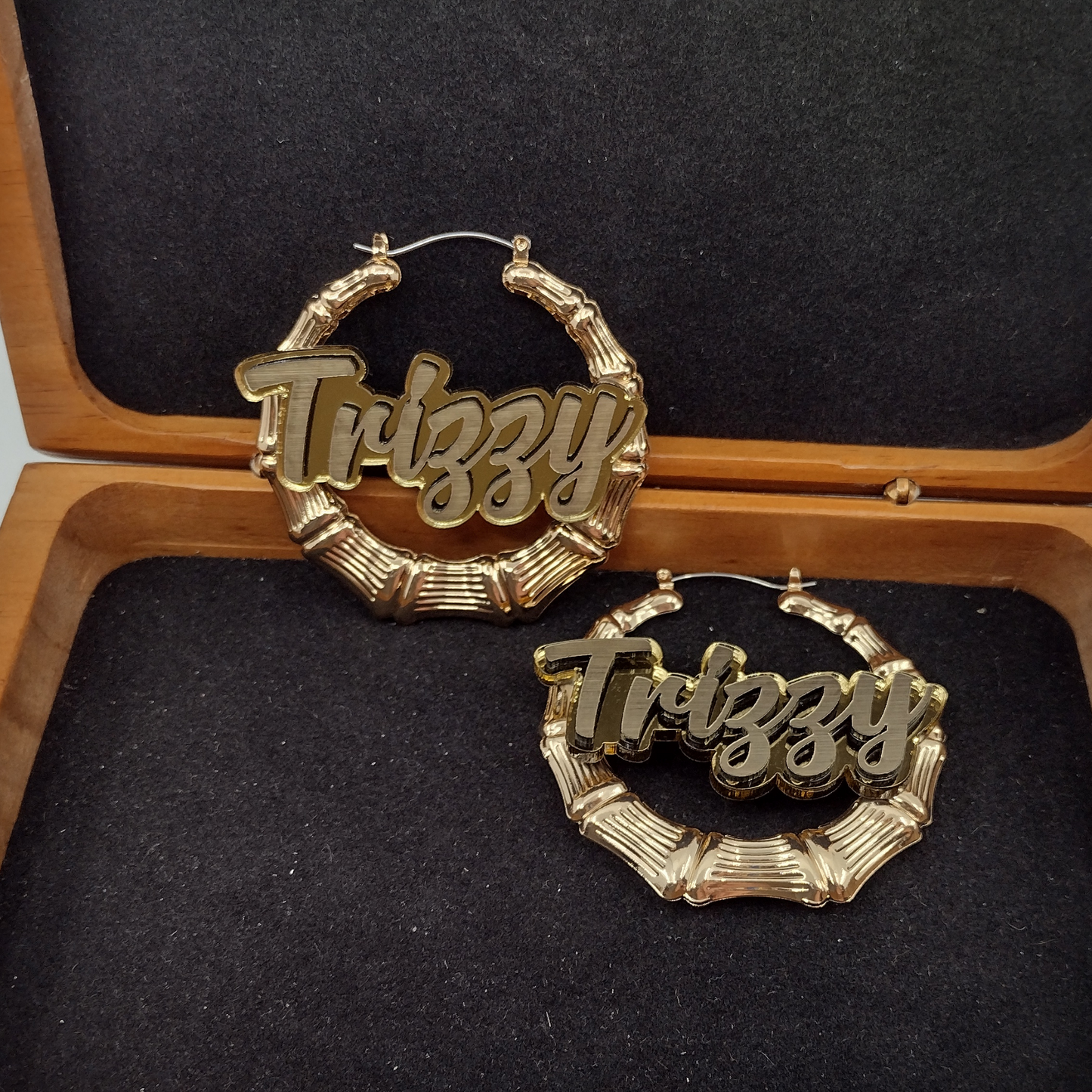 Custom Gold Hoop Earrings and a Name Necklace, Personalized Name and Background Color, Hand-made Jewelry Set