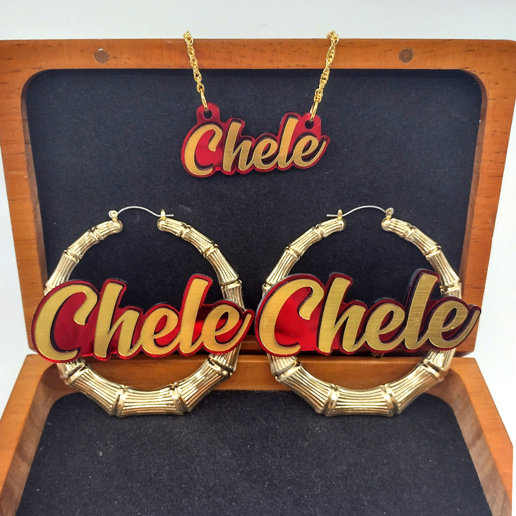 Custom Gold Hoop Earrings and a Name Necklace, Personalized Name and Background Color, Hand-made Jewelry Set