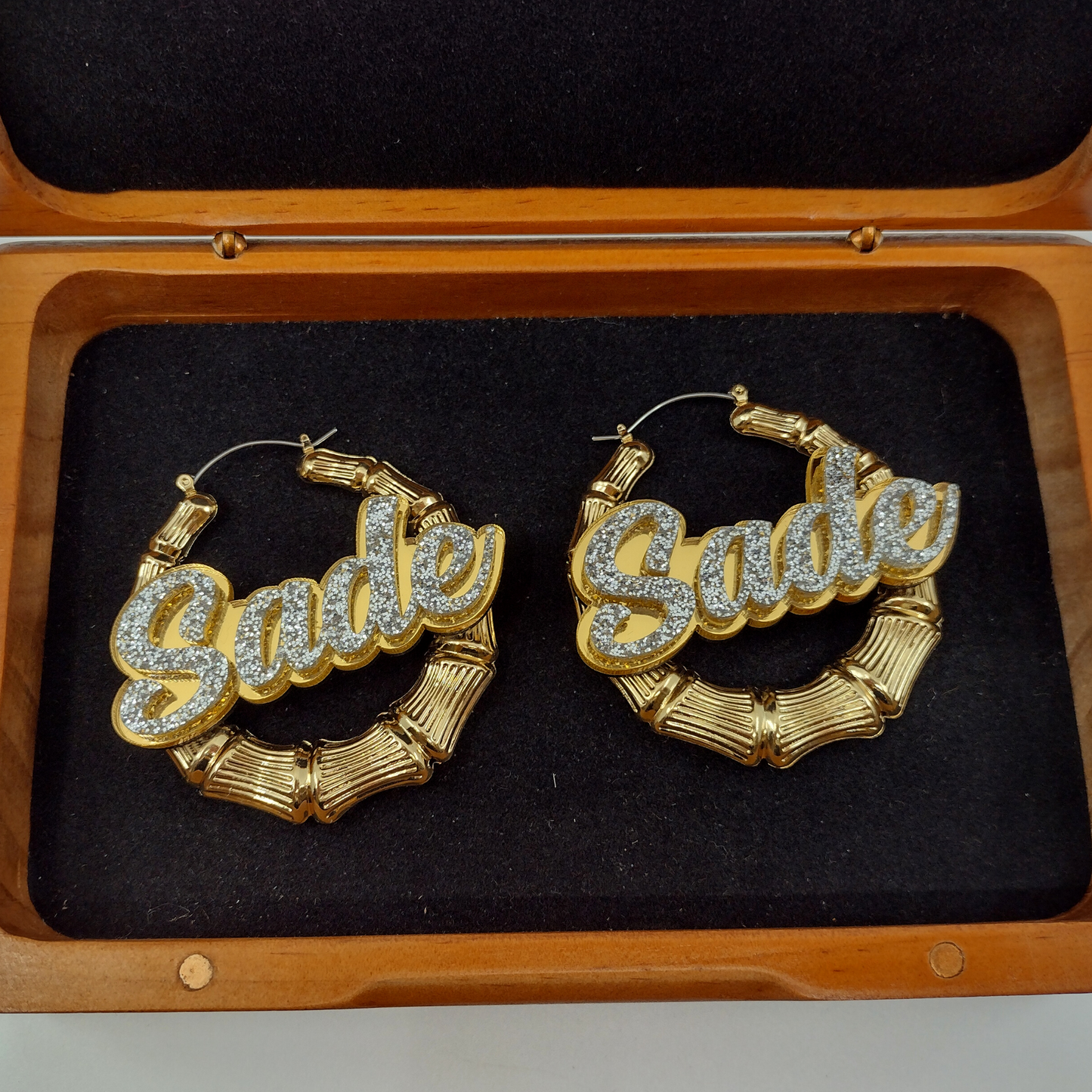 Custom Name and Background Gold Bamboo Hoop Earrings