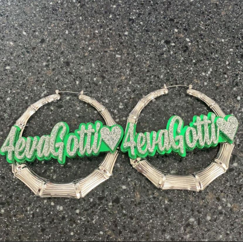 Custom Name and Background Gold Bamboo Hoop Earrings