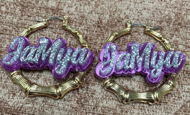 Custom Name and Background Gold Bamboo Hoop Earrings