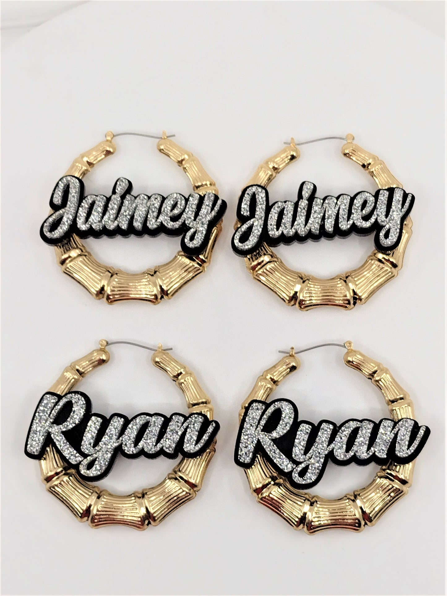 Custom Name and Background Gold Bamboo Hoop Earrings