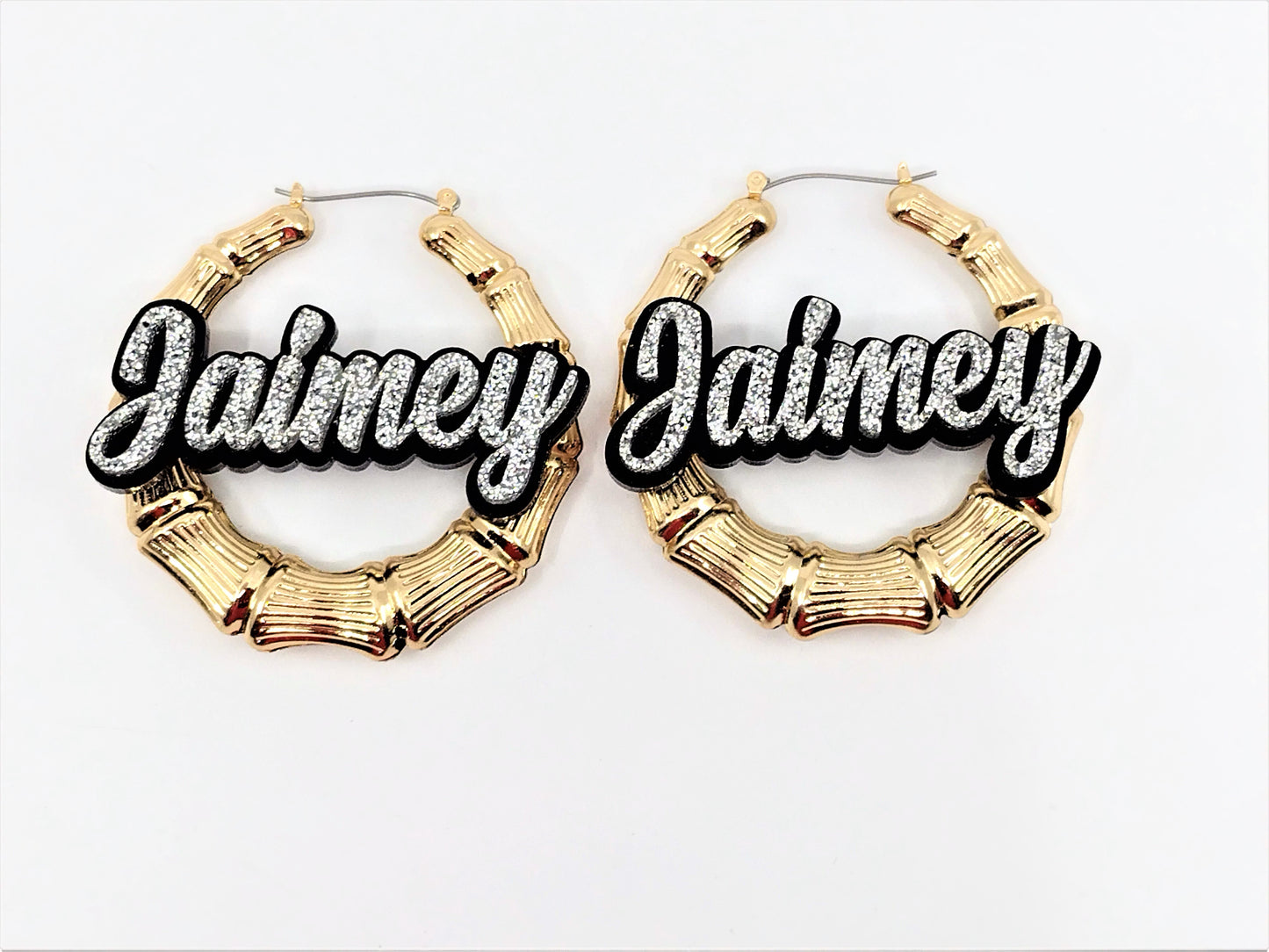 Custom Name and Background Gold Bamboo Hoop Earrings