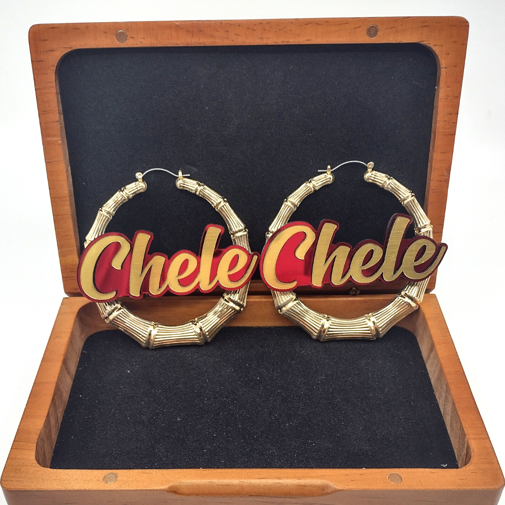 Custom Name and Background Gold Bamboo Hoop Earrings