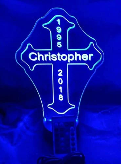 Religious Memorial Cross LED Tabletop Night Light Up Lamp, 16 Color Changing Options with Remote