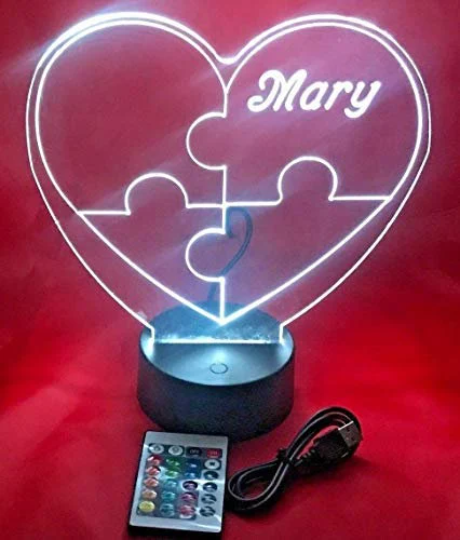 Puzzle Piece Autism Heart Night Light Up Table Desk Lamp LED Personalized Free Engraved Custom Name, It's Wow, Remote, 16 Colors, Great Gift