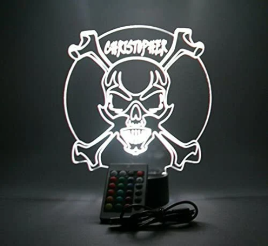 Skull Head Crossbones LED Tabletop Night Light Up Lamp 16 Color Options with Remote