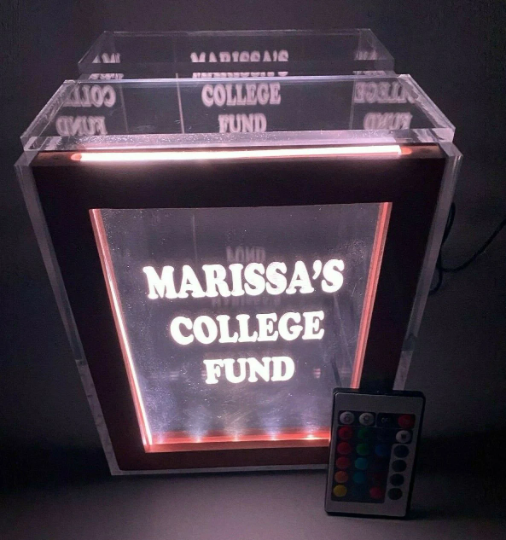Tip Box Raffle Fund Raiser Donation Jar Fantastically Unique Eye Catching Personalized Engraved LED 16 Colors Changing 7"W x 8.5"H Container