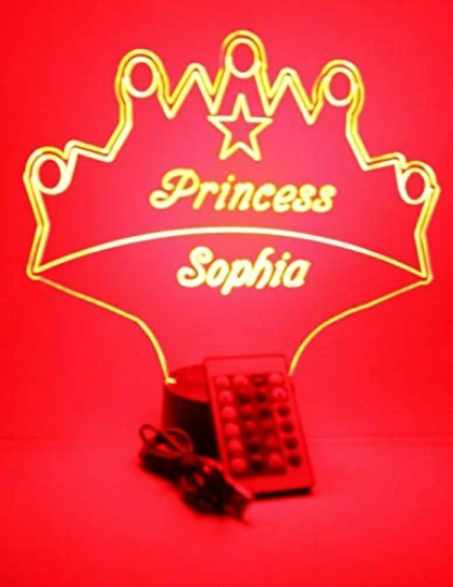 Royalty Fairy Princess Crown Night Light Up Table Desk Lamp LED Personalized Free Engraved Custom Name It's Wow Remote 16 Colors, Great Gift