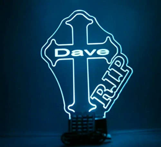 Rest In Peace Memorial Cross LED Tabletop Night Light Up Lamp, 16 Color changing options with Remote