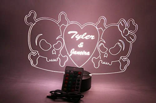 Couple Skulls Heart LED Tabletop Night Light Up Lamp, 16 Color options with Remote