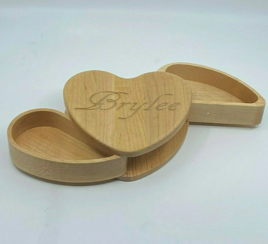 Stylish Heart Shaped Maple Wooden Jewelry Box Personalized Free Engraved Gift Features Two Half-Heart Inner Compartments With Swivel Drawers