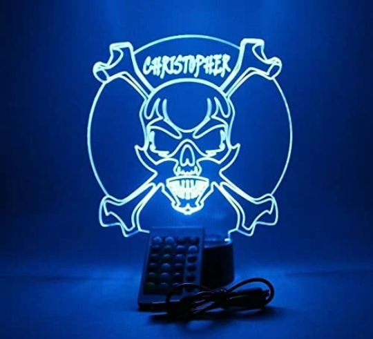 Skull Head Crossbones LED Tabletop Night Light Up Lamp 16 Color Options with Remote