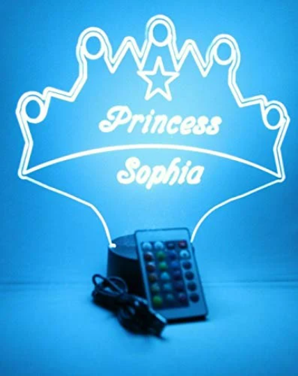 Royalty Fairy Princess Crown Night Light Up Table Desk Lamp LED Personalized Free Engraved Custom Name It's Wow Remote 16 Colors, Great Gift