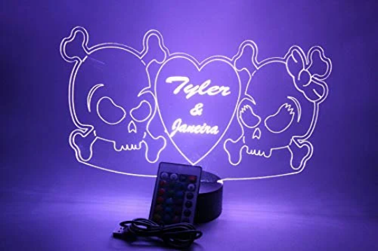 Couple Skulls Heart LED Tabletop Night Light Up Lamp, 16 Color options with Remote