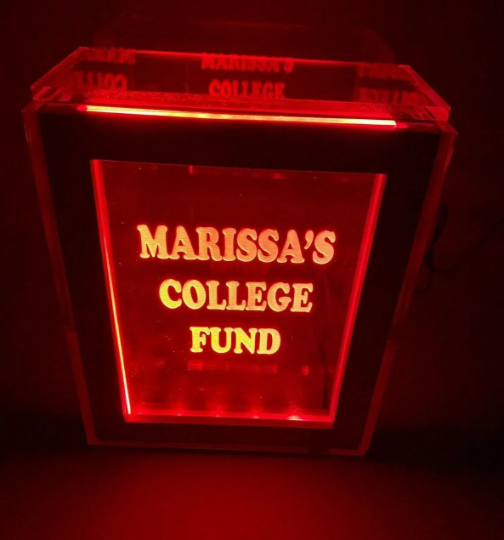 Tip Box Raffle Fund Raiser Donation Jar Fantastically Unique Eye Catching Personalized Engraved LED 16 Colors Changing 7"W x 8.5"H Container