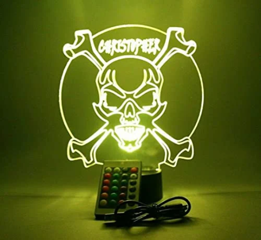 Skull Head Crossbones LED Tabletop Night Light Up Lamp 16 Color Options with Remote