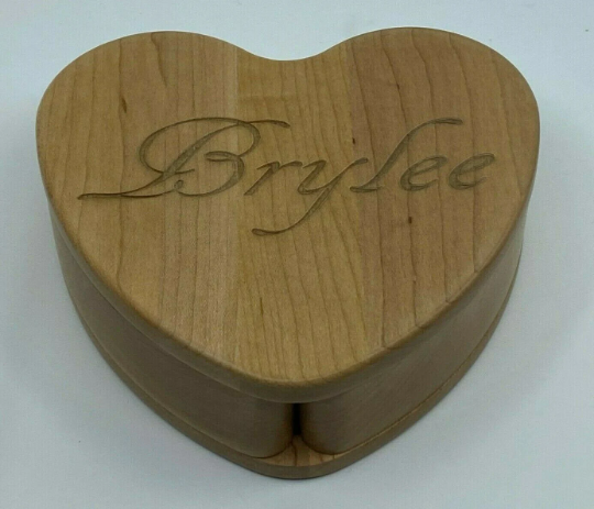 Stylish Heart Shaped Maple Wooden Jewelry Box Personalized Free Engraved Gift Features Two Half-Heart Inner Compartments With Swivel Drawers