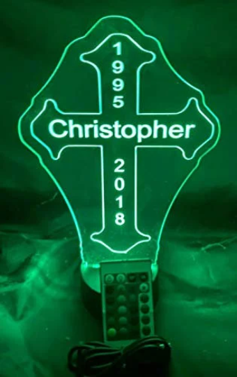 Religious Memorial Cross LED Tabletop Night Light Up Lamp, 16 Color Changing Options with Remote