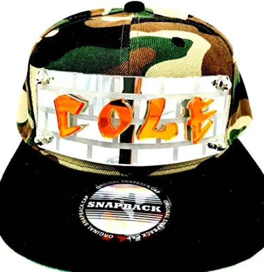 Custom Camo Hat Black Brim Snapback Hat , Laser Cut Letters, Custom Made to Order