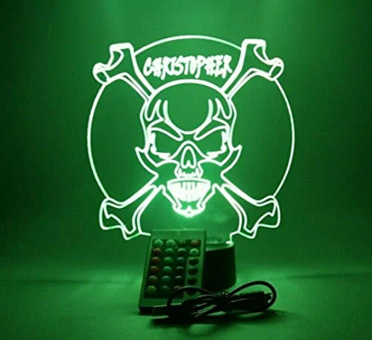 Skull Head Crossbones LED Tabletop Night Light Up Lamp 16 Color Options with Remote