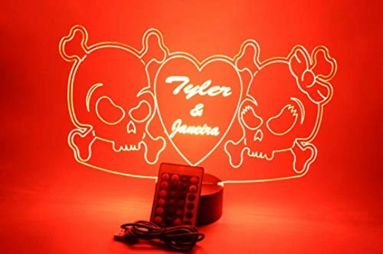 Couple Skulls Heart LED Tabletop Night Light Up Lamp, 16 Color options with Remote