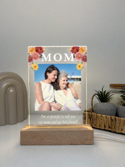 Custom Flowers Photo LED Wood Stand Night Light Up Table Lamp