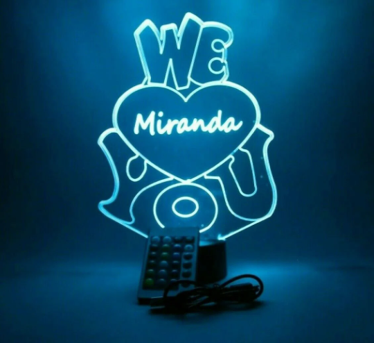 We Love You Heart Night Light Up Table Desk Lamp LED Personalized Free Engraved Any Script Name, It's Wow With Remote 16 Colors, Great Gift