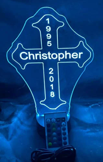 Religious Memorial Cross LED Tabletop Night Light Up Lamp, 16 Color Changing Options with Remote