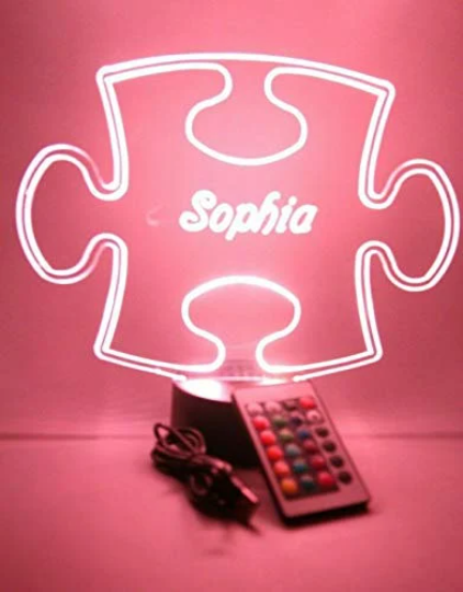 Puzzle Piece Autism LED Tabletop Night Light Up Lamp, 16 Color options with Remote