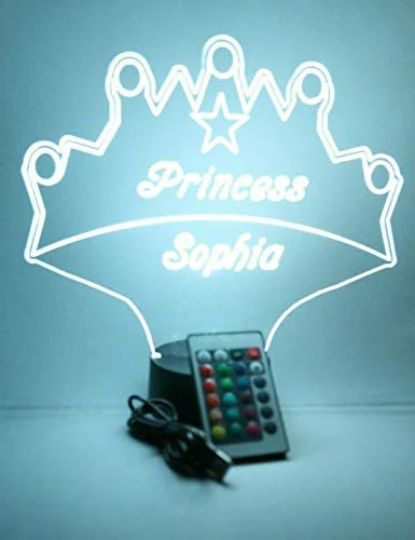 Royalty Fairy Princess Crown Night Light Up Table Desk Lamp LED Personalized Free Engraved Custom Name It's Wow Remote 16 Colors, Great Gift