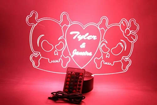 Couple Skulls Heart LED Tabletop Night Light Up Lamp, 16 Color options with Remote