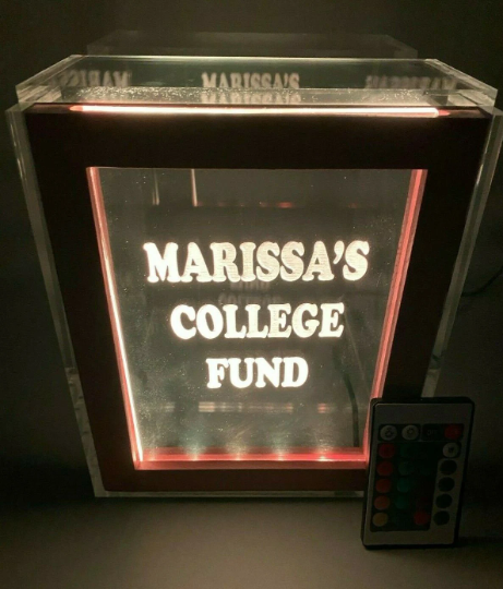 Tip Box Raffle Fund Raiser Donation Jar Fantastically Unique Eye Catching Personalized Engraved LED 16 Colors Changing 7"W x 8.5"H Container
