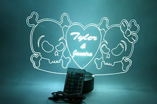 Couple Skulls Heart LED Tabletop Night Light Up Lamp, 16 Color options with Remote