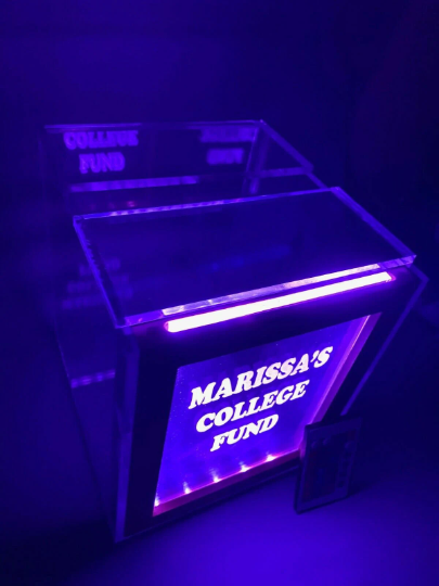 Tip Box Raffle Fund Raiser Donation Jar Fantastically Unique Eye Catching Personalized Engraved LED 16 Colors Changing 7"W x 8.5"H Container