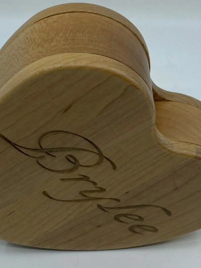 Stylish Heart Shaped Maple Wooden Jewelry Box Personalized Free Engraved Gift Features Two Half-Heart Inner Compartments With Swivel Drawers