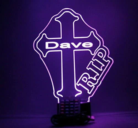 Rest In Peace Memorial Cross LED Tabletop Night Light Up Lamp, 16 Color changing options with Remote