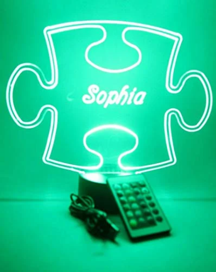 Puzzle Piece Autism LED Tabletop Night Light Up Lamp, 16 Color options with Remote