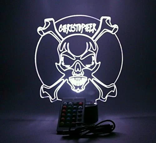 Skull Head Crossbones LED Tabletop Night Light Up Lamp 16 Color Options with Remote