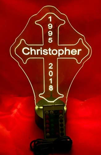 Religious Memorial Cross LED Tabletop Night Light Up Lamp, 16 Color Changing Options with Remote