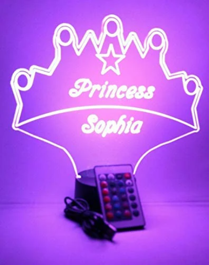 Royalty Fairy Princess Crown Night Light Up Table Desk Lamp LED Personalized Free Engraved Custom Name It's Wow Remote 16 Colors, Great Gift