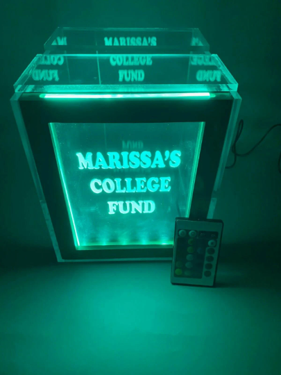 Tip Box Raffle Fund Raiser Donation Jar Fantastically Unique Eye Catching Personalized Engraved LED 16 Colors Changing 7"W x 8.5"H Container