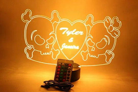 Couple Skulls Heart LED Tabletop Night Light Up Lamp, 16 Color options with Remote