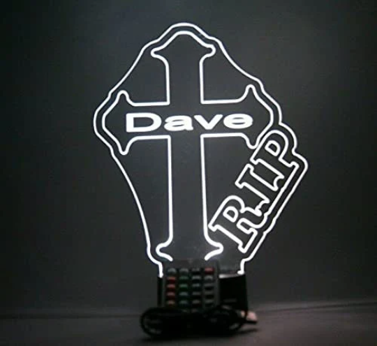 Rest In Peace Memorial Cross LED Tabletop Night Light Up Lamp, 16 Color changing options with Remote
