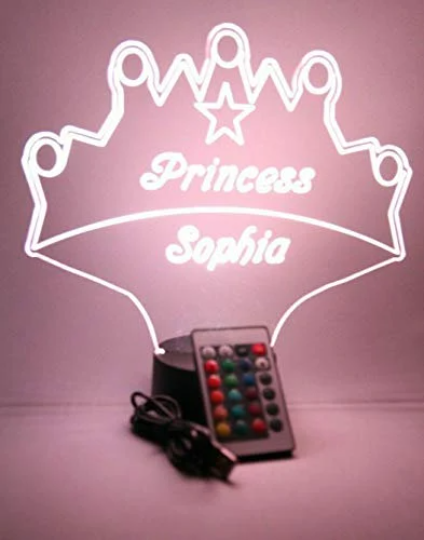 Royalty Fairy Princess Crown Night Light Up Table Desk Lamp LED Personalized Free Engraved Custom Name It's Wow Remote 16 Colors, Great Gift