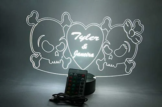 Couple Skulls Heart LED Tabletop Night Light Up Lamp, 16 Color options with Remote