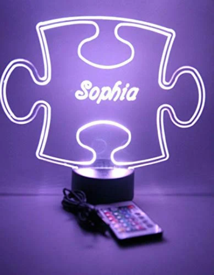 Puzzle Piece Autism LED Tabletop Night Light Up Lamp, 16 Color options with Remote