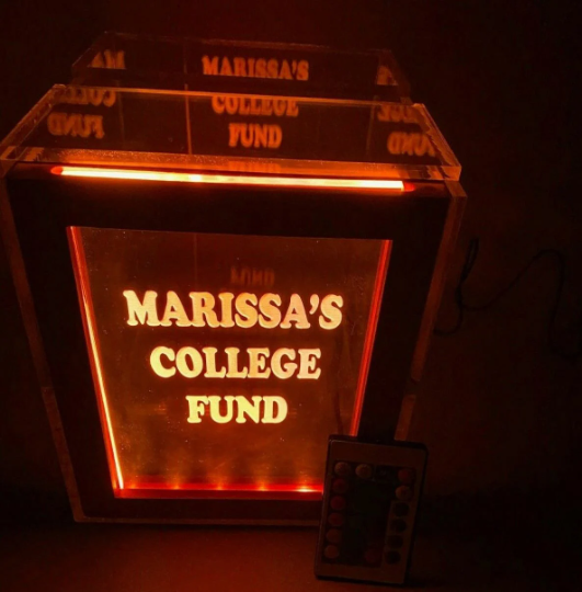 Tip Box Raffle Fund Raiser Donation Jar Fantastically Unique Eye Catching Personalized Engraved LED 16 Colors Changing 7"W x 8.5"H Container